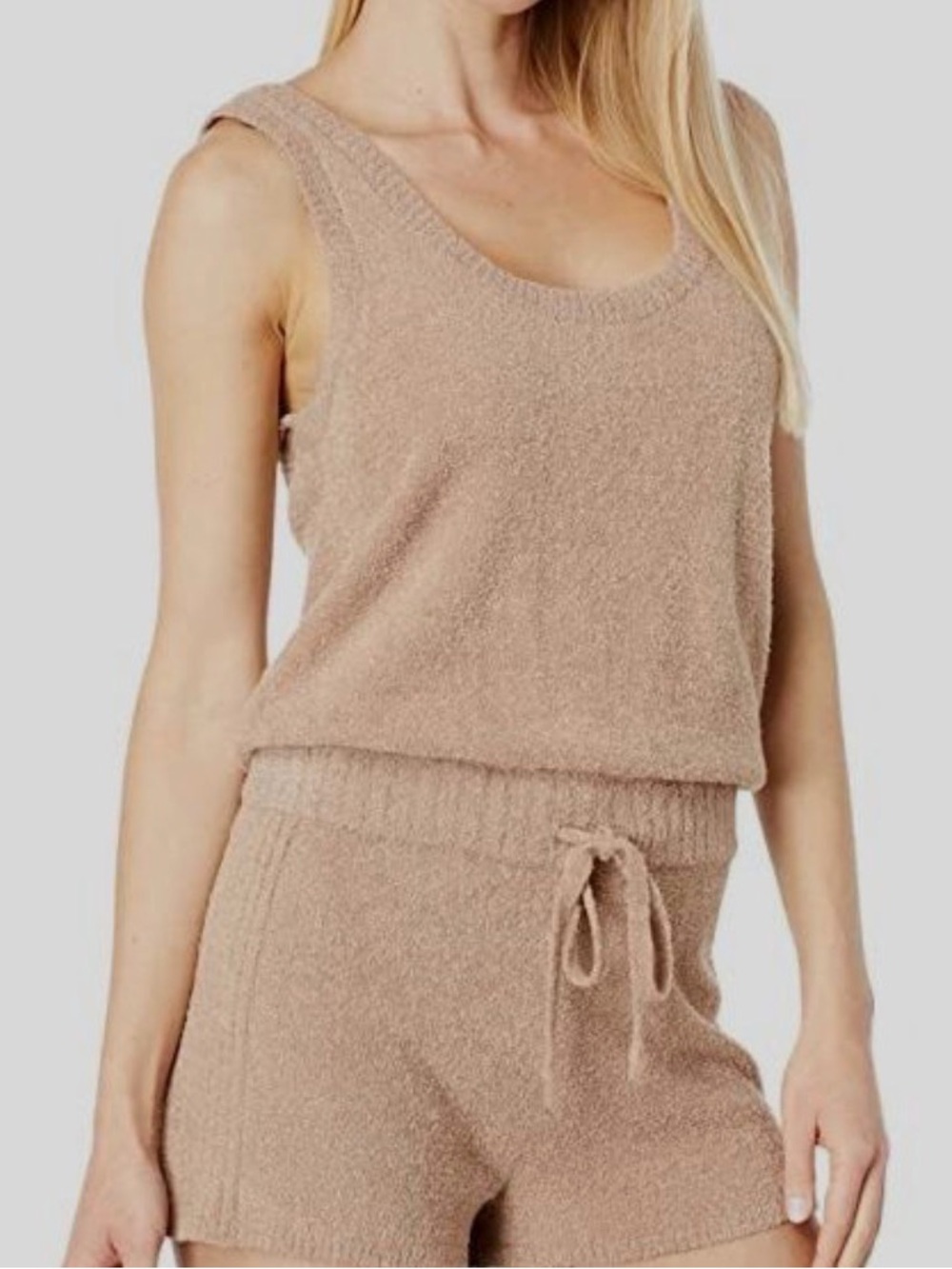 Spiritual Gangster Plush Tank & Drawstring Shorts Set in Beige